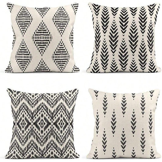 4pcs Bohemian Style Black Herringbone Pattern Creative Decorative Outdoor Throw Pillow Covers, Home Decor, Single-Sided Design, Pillow Insert Not Included