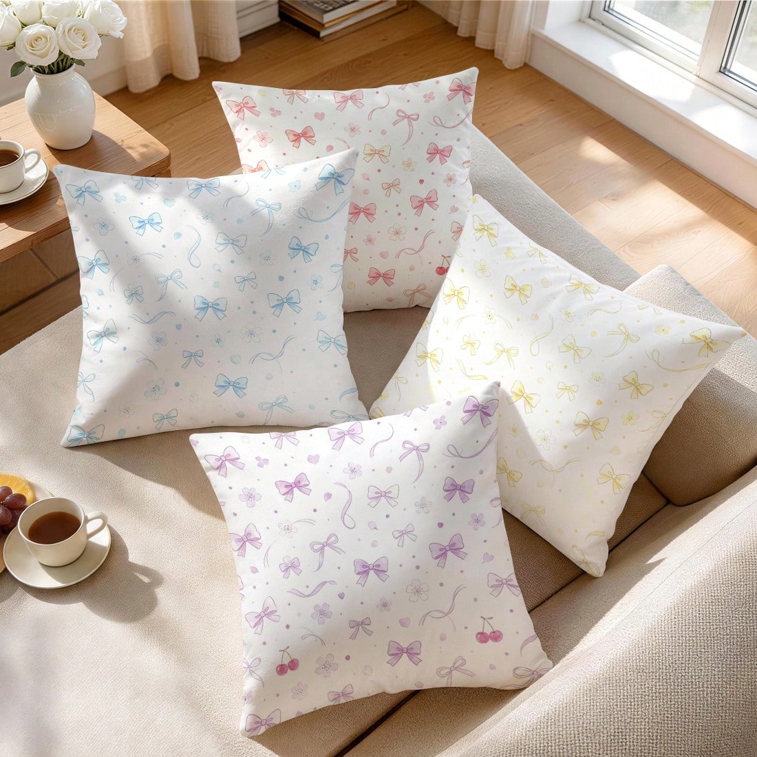 4pcs Colorful Bow Pattern Pillow Covers Without Inserts, Single-Sided Printed Pillow Covers, Suitable For Living Room Bedroom Home Decor, All-Season Pillow Covers