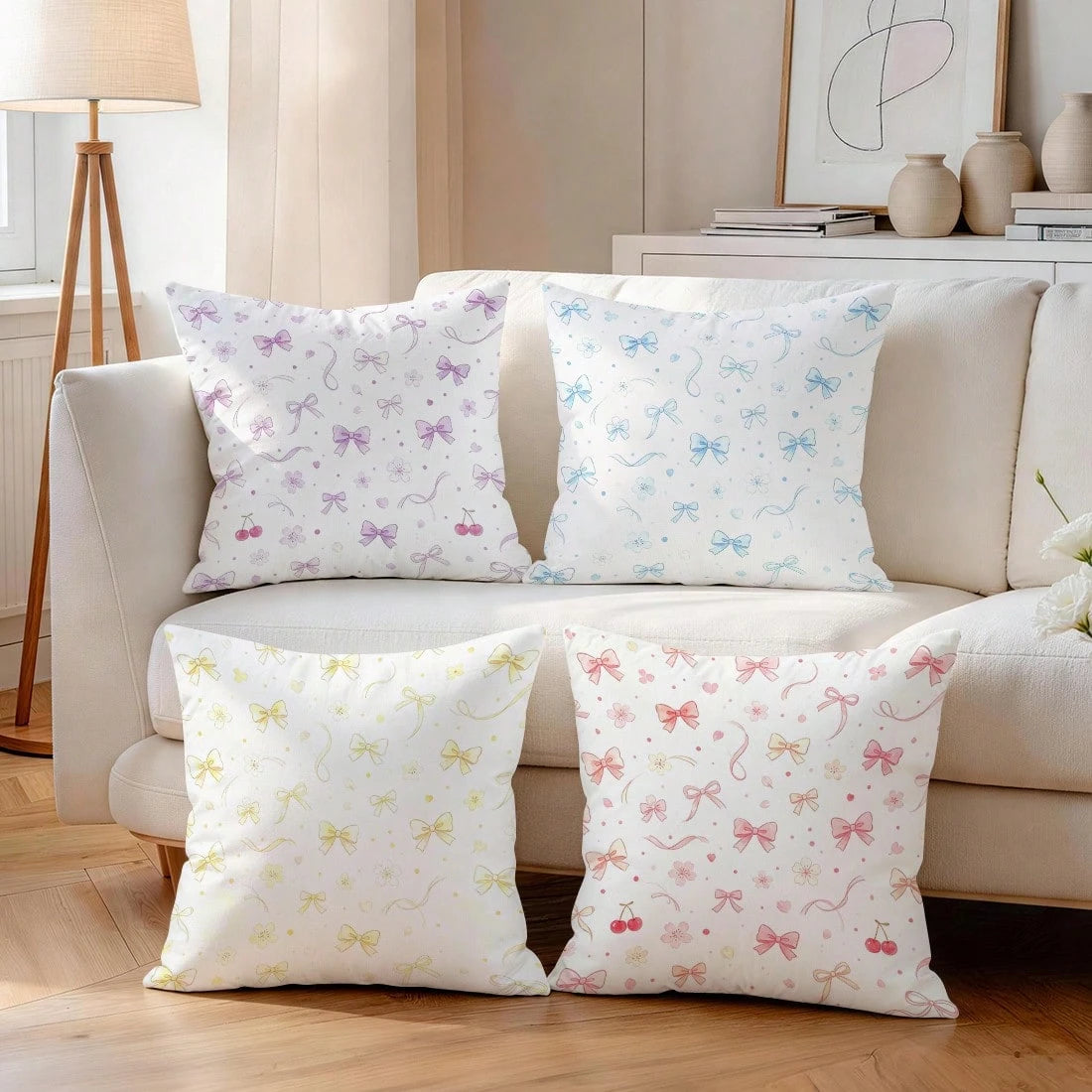 4pcs Colorful Bow Pattern Pillow Covers Without Inserts, Single-Sided Printed Pillow Covers, Suitable For Living Room Bedroom Home Decor, All-Season Pillow Covers