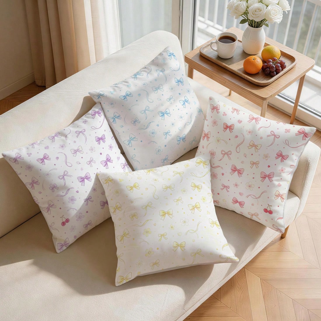 4pcs Colorful Bow Pattern Pillow Covers Without Inserts, Single-Sided Printed Pillow Covers, Suitable For Living Room Bedroom Home Decor, All-Season Pillow Covers