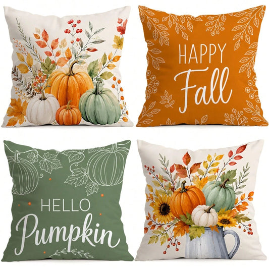 4pcs Colorful Pumpkin Sunflower Autumn Pattern Pillow Covers, Single-Sided Printed Pillow Covers, Suitable For Living Room Bedroom Home Decor, All Season Pillow Covers