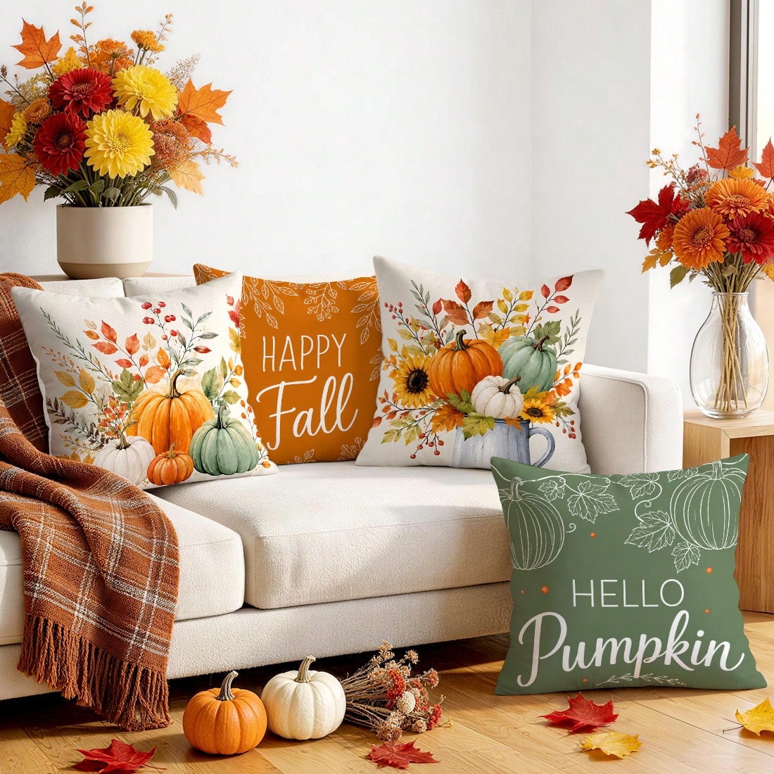 4pcs Colorful Pumpkin Sunflower Autumn Pattern Pillow Covers, Single-Sided Printed Pillow Covers, Suitable For Living Room Bedroom Home Decor, All Season Pillow Covers