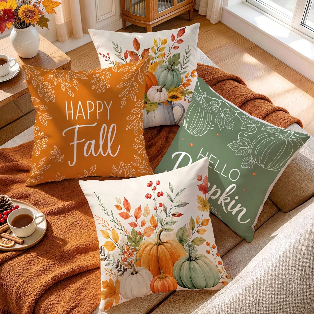 4pcs Colorful Pumpkin Sunflower Autumn Pattern Pillow Covers, Single-Sided Printed Pillow Covers, Suitable For Living Room Bedroom Home Decor, All Season Pillow Covers