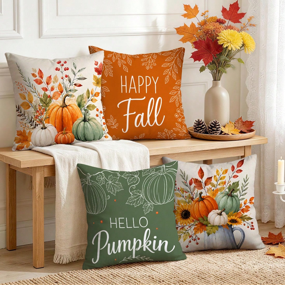 4pcs Colorful Pumpkin Sunflower Autumn Pattern Pillow Covers, Single-Sided Printed Pillow Covers, Suitable For Living Room Bedroom Home Decor, All Season Pillow Covers