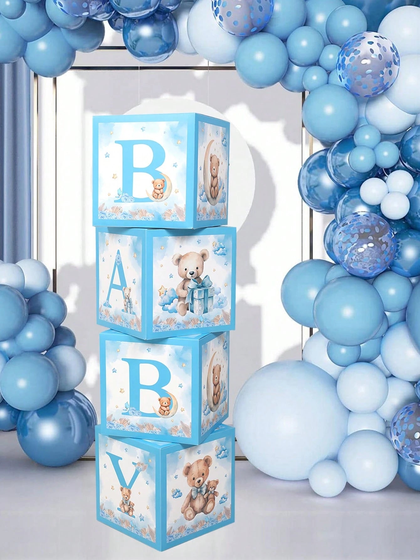 4pcs Cute Bear Theme Gender Reveal Decoration Balloon Box, Adorable Blue Bear Pattern, Suitable For Baby Shower, Newborn Boy/Girl Party Decor, Gender Reveal Party Decoration Gift Box, Baby Party Photo