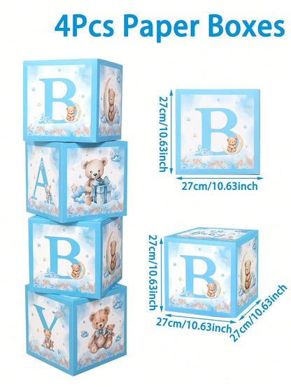 4pcs Cute Bear Theme Gender Reveal Decoration Balloon Box, Adorable Blue Bear Pattern, Suitable For Baby Shower, Newborn Boy/Girl Party Decor, Gender Reveal Party Decoration Gift Box, Baby Party Photo
