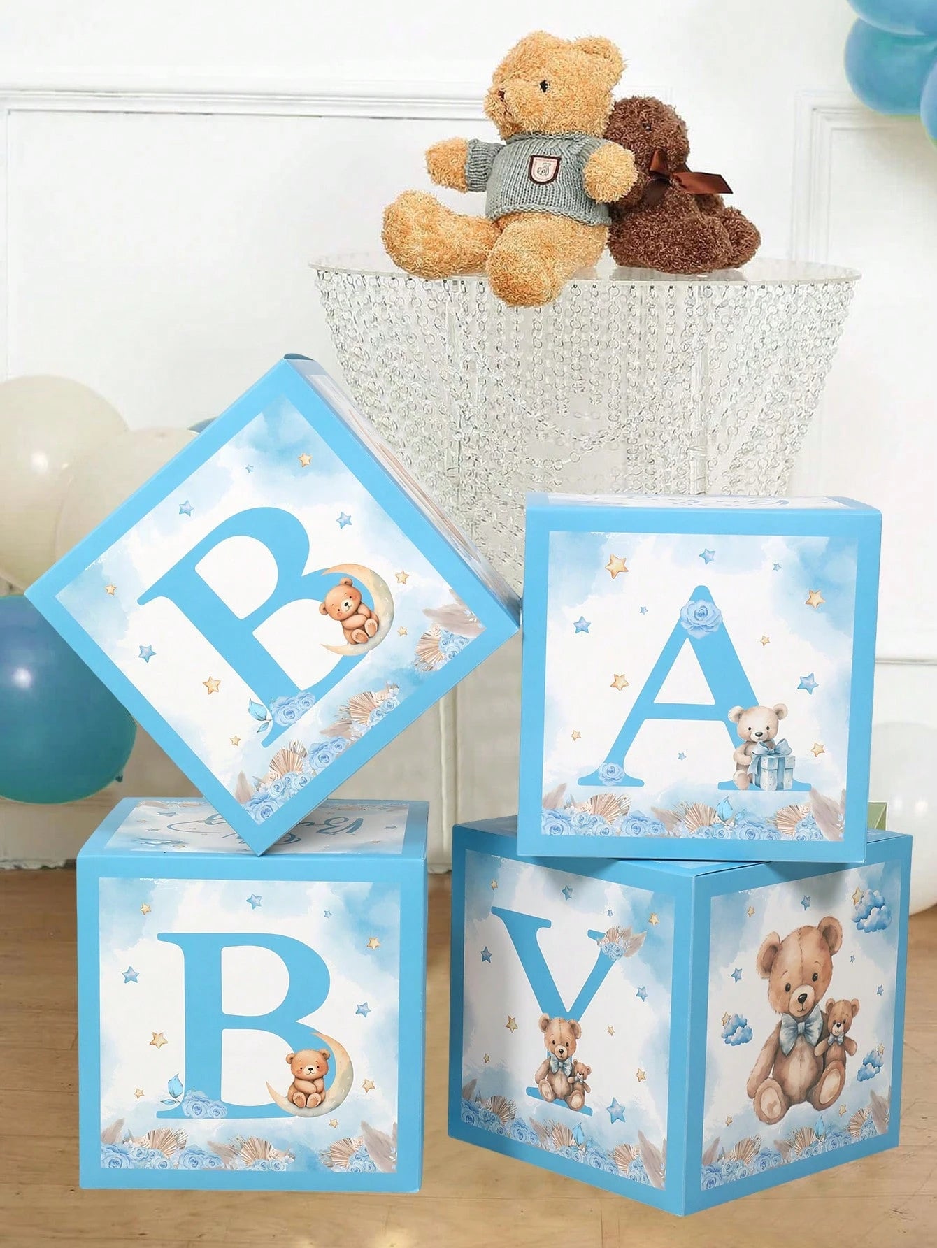 4pcs Cute Bear Theme Gender Reveal Decoration Balloon Box, Adorable Blue Bear Pattern, Suitable For Baby Shower, Newborn Boy/Girl Party Decor, Gender Reveal Party Decoration Gift Box, Baby Party Photo