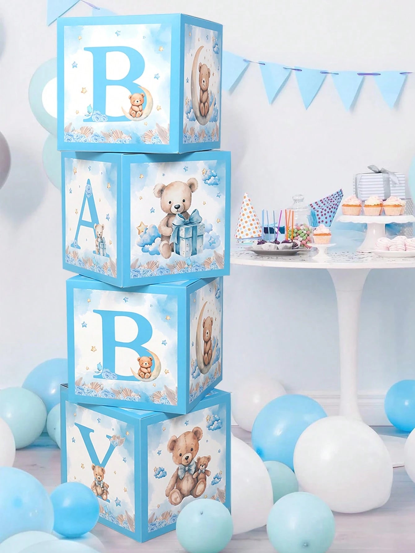 4pcs Cute Bear Theme Gender Reveal Decoration Balloon Box, Adorable Blue Bear Pattern, Suitable For Baby Shower, Newborn Boy/Girl Party Decor, Gender Reveal Party Decoration Gift Box, Baby Party Photo