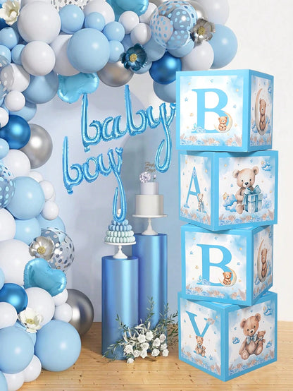 4pcs Cute Bear Theme Gender Reveal Decoration Balloon Box, Adorable Blue Bear Pattern, Suitable For Baby Shower, Newborn Boy/Girl Party Decor, Gender Reveal Party Decoration Gift Box, Baby Party Photo