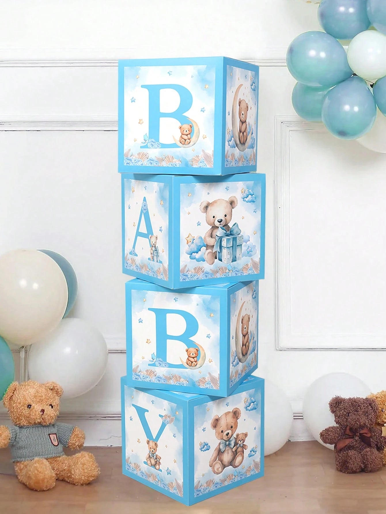 4pcs Cute Bear Theme Gender Reveal Decoration Balloon Box, Adorable Blue Bear Pattern, Suitable For Baby Shower, Newborn Boy/Girl Party Decor, Gender Reveal Party Decoration Gift Box, Baby Party Photo
