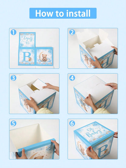 4pcs Cute Bear Theme Gender Reveal Decoration Balloon Box, Adorable Blue Bear Pattern, Suitable For Baby Shower, Newborn Boy/Girl Party Decor, Gender Reveal Party Decoration Gift Box, Baby Party Photo