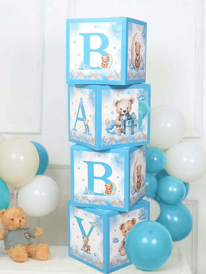 4pcs Cute Bear Theme Gender Reveal Decoration Balloon Box, Adorable Blue Bear Pattern, Suitable For Baby Shower, Newborn Boy/Girl Party Decor, Gender Reveal Party Decoration Gift Box, Baby Party Photo