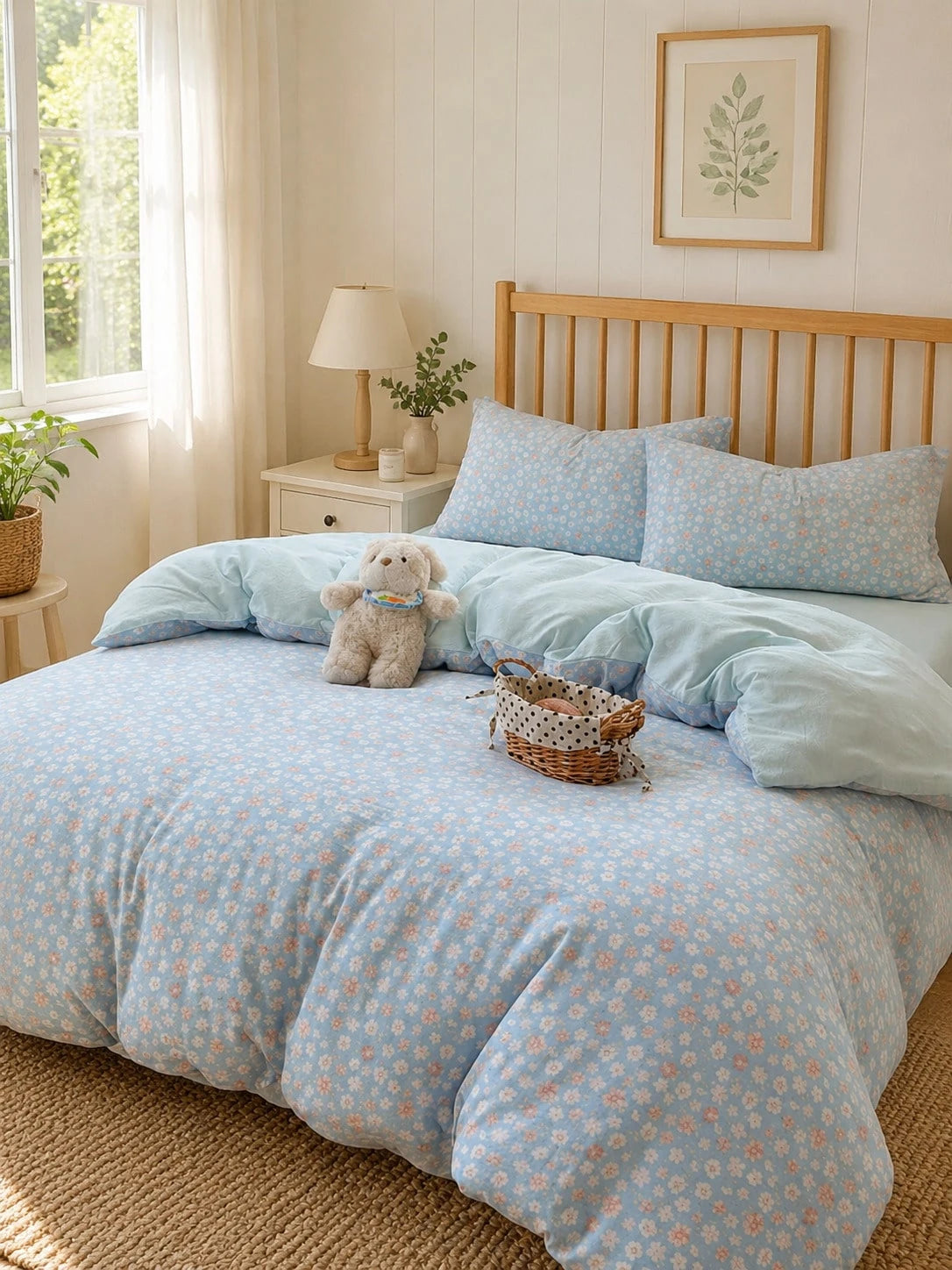 4pcs Daisy Print Comfortable Bedding Set (1*Duvet Cover+1*Bed Sheet+2*Pillowcases, No Filling) Fresh Sea Salt Girl Style, 100% Polyester, With Zipper Design, Suitable For Single Bed, Double Bed, Queen