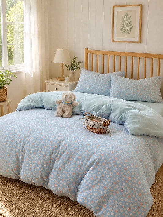 4pcs Daisy Print Comfortable Bedding Set (1*Duvet Cover+1*Bed Sheet+2*Pillowcases, No Filling) Fresh Sea Salt Girl Style, 100% Polyester, With Zipper Design, Suitable For Single Bed, Double Bed, Queen