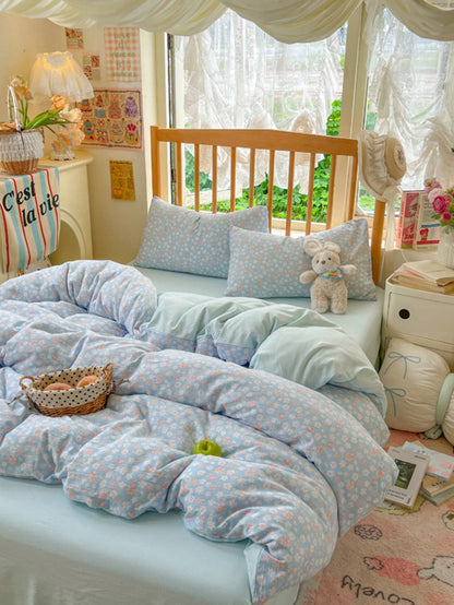 4pcs Daisy Print Comfortable Bedding Set (1*Duvet Cover+1*Bed Sheet+2*Pillowcases, No Filling) Fresh Sea Salt Girl Style, 100% Polyester, With Zipper Design, Suitable For Single Bed, Double Bed, Queen