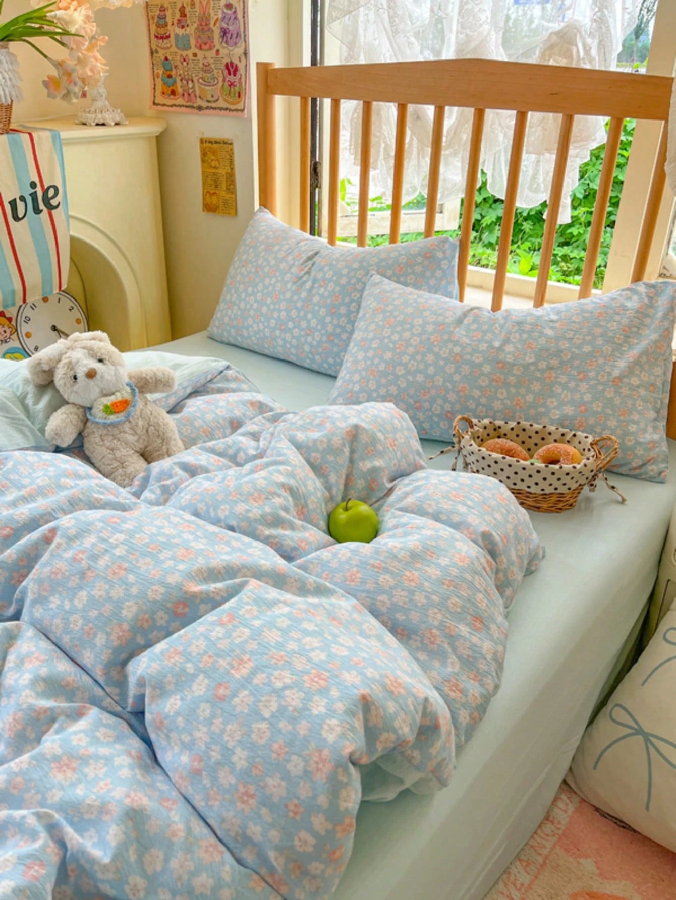 4pcs Daisy Print Comfortable Bedding Set (1*Duvet Cover+1*Bed Sheet+2*Pillowcases, No Filling) Fresh Sea Salt Girl Style, 100% Polyester, With Zipper Design, Suitable For Single Bed, Double Bed, Queen