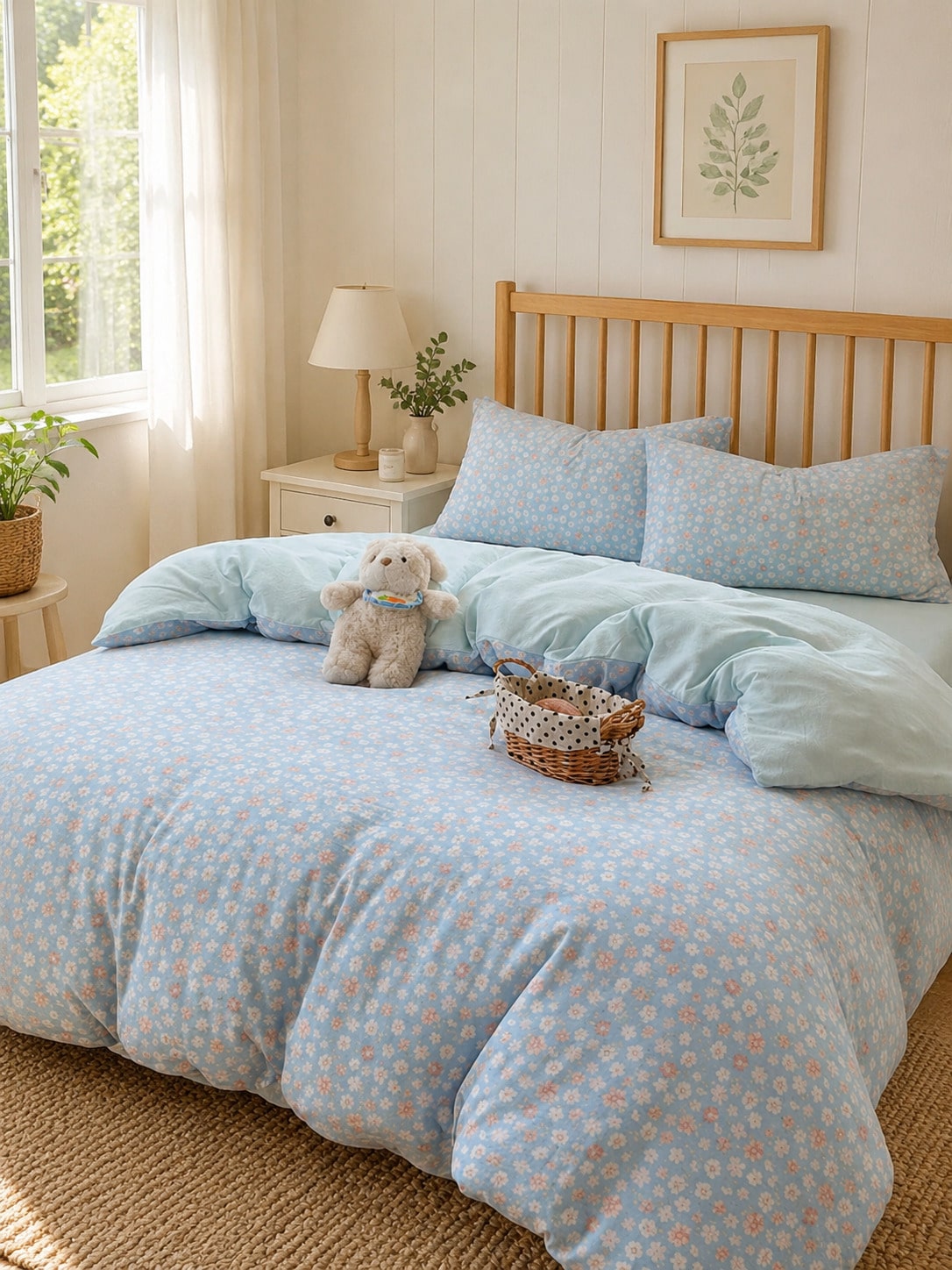 4pcs Daisy Print Comfortable Bedding Set (1*Duvet Cover+1*Bed Sheet+2*Pillowcases, No Filling) Fresh Sea Salt Girl Style, 100% Polyester, With Zipper Design, Suitable For Single Bed, Double Bed, Queen