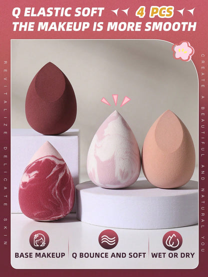 4pcs Egg-Shaped Makeup Sponge Set, Wet & Dry Dual Use, Suitable For Foundation, Concealer, Loose Powder, Portable Bedroom Vanity Travel Essential, Women's Christmas Holiday Gift, Affordable Makeup Acc