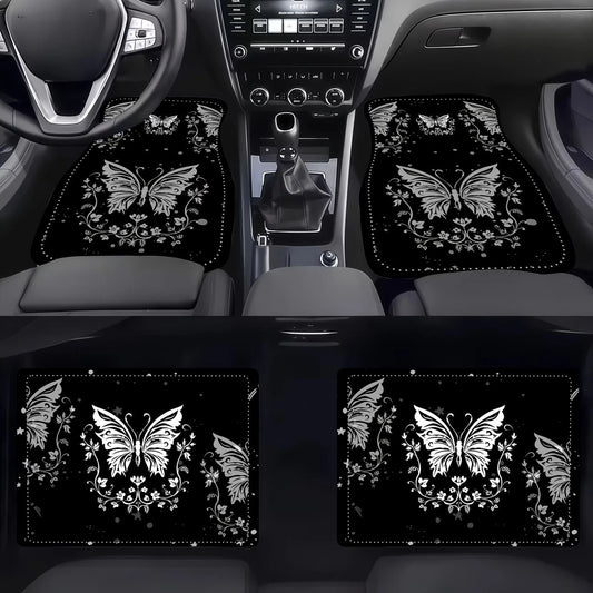 4pcs Elegant Romantic Butterfly Pattern Car Floor Mats, Versatile For Travel, Suitable For Most Vehicles, Pet-Friendly Material, Keeps Car Interior Clean, Ideal For Commuting, Road Trips And Home Use