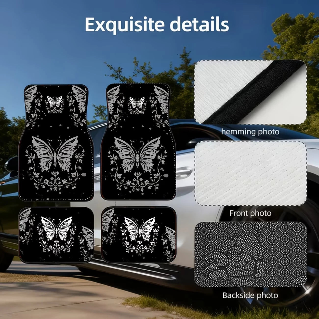 4pcs Elegant Romantic Butterfly Pattern Car Floor Mats, Versatile For Travel, Suitable For Most Vehicles, Pet-Friendly Material, Keeps Car Interior Clean, Ideal For Commuting, Road Trips And Home Use