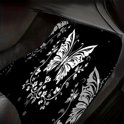 4pcs Elegant Romantic Butterfly Pattern Car Floor Mats, Versatile For Travel, Suitable For Most Vehicles, Pet-Friendly Material, Keeps Car Interior Clean, Ideal For Commuting, Road Trips And Home Use