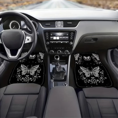 4pcs Elegant Romantic Butterfly Pattern Car Floor Mats, Versatile For Travel, Suitable For Most Vehicles, Pet-Friendly Material, Keeps Car Interior Clean, Ideal For Commuting, Road Trips And Home Use
