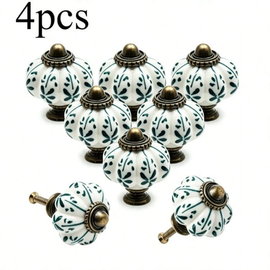 4pcs Elegant Vintage Pumpkin Shaped Ceramic Cabinet Door Handles- Polished Zinc Alloy Drawer Pulls With Leaf Vein Pattern, Includes Screws, Suitable For Wardrobe And Cabinet