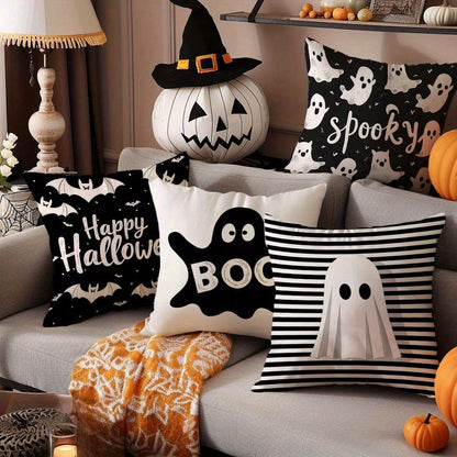 4pcs Halloween Black & White Bat Print Pillowcases, Modern Design Halloween Pillow Covers, Living Room Sofa Decorative Cushion Covers, Single-Sided, Pillow Insert Not Included