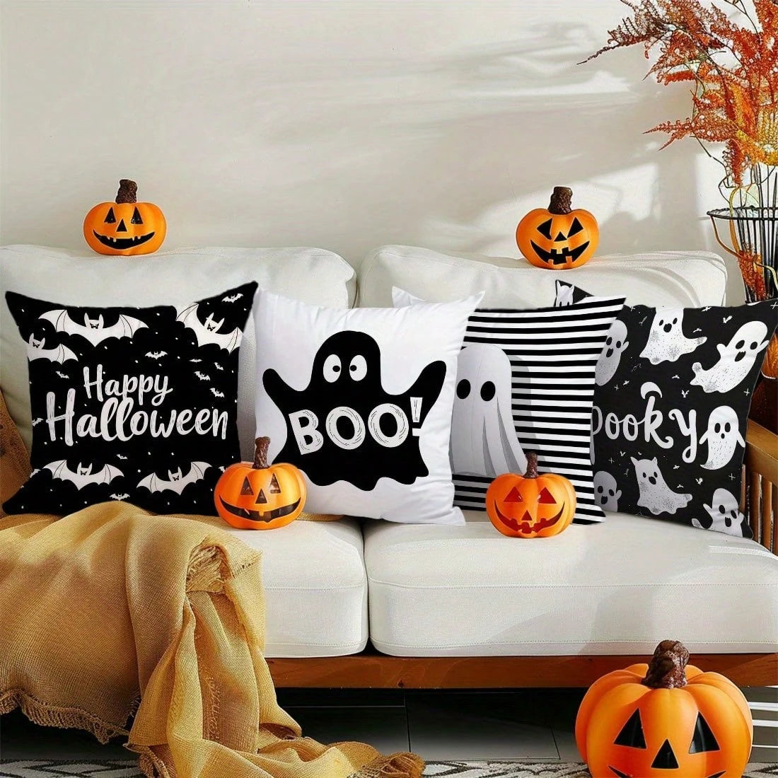 4pcs Halloween Black & White Bat Print Pillowcases, Modern Design Halloween Pillow Covers, Living Room Sofa Decorative Cushion Covers, Single-Sided, Pillow Insert Not Included