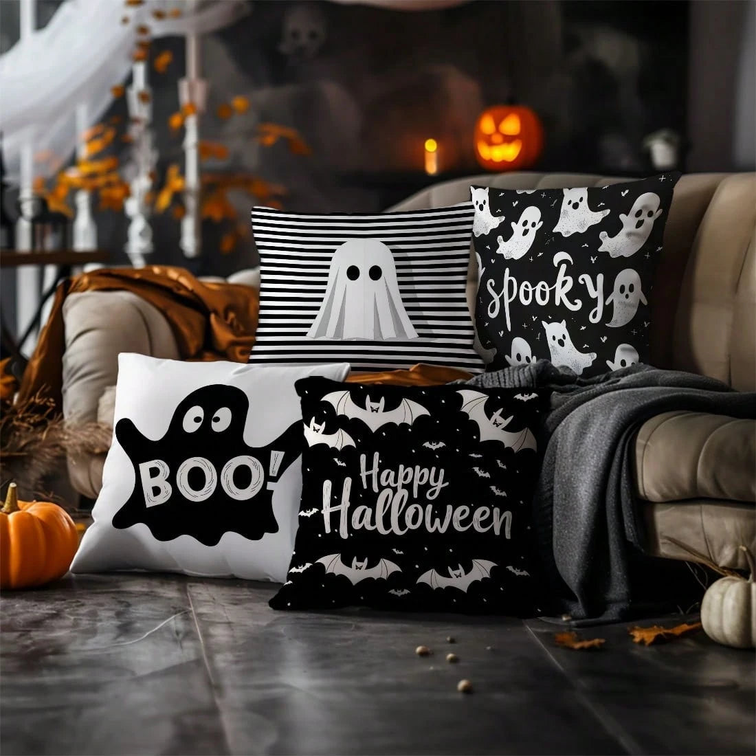 4pcs Halloween Black & White Bat Print Pillowcases, Modern Design Halloween Pillow Covers, Living Room Sofa Decorative Cushion Covers, Single-Sided, Pillow Insert Not Included