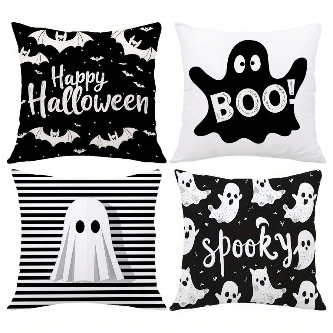 4pcs Halloween Black & White Bat Print Pillowcases, Modern Design Halloween Pillow Covers, Living Room Sofa Decorative Cushion Covers, Single-Sided, Pillow Insert Not Included