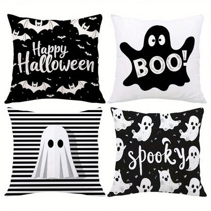 4pcs Halloween Black & White Bat Print Pillowcases, Modern Design Halloween Pillow Covers, Living Room Sofa Decorative Cushion Covers, Single-Sided, Pillow Insert Not Included
