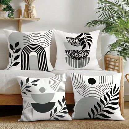 4pcs Minimalist Daily Bohemian Geometric Plant Cushion Covers, Single-Sided Printed Peach Skin Polyester Material, 45*45CM/18*18inch Pillowcases Suitable For Room Decor, Modern Minimalist Sofa Living