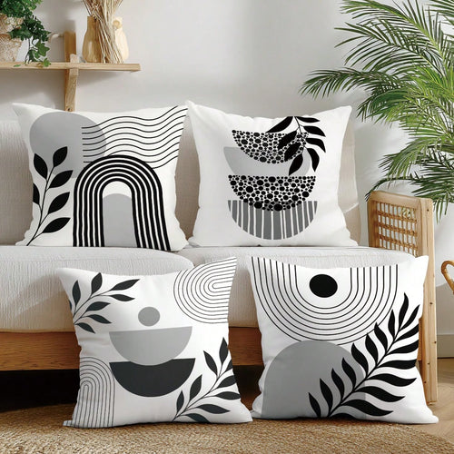 4pcs Minimalist Daily Bohemian Geometric Plant Cushion Covers, Single-Sided Printed Peach Skin Polyester Material, 45*45CM/18*18inch Pillowcases Suitable For Room Decor, Modern Minimalist Sofa Living