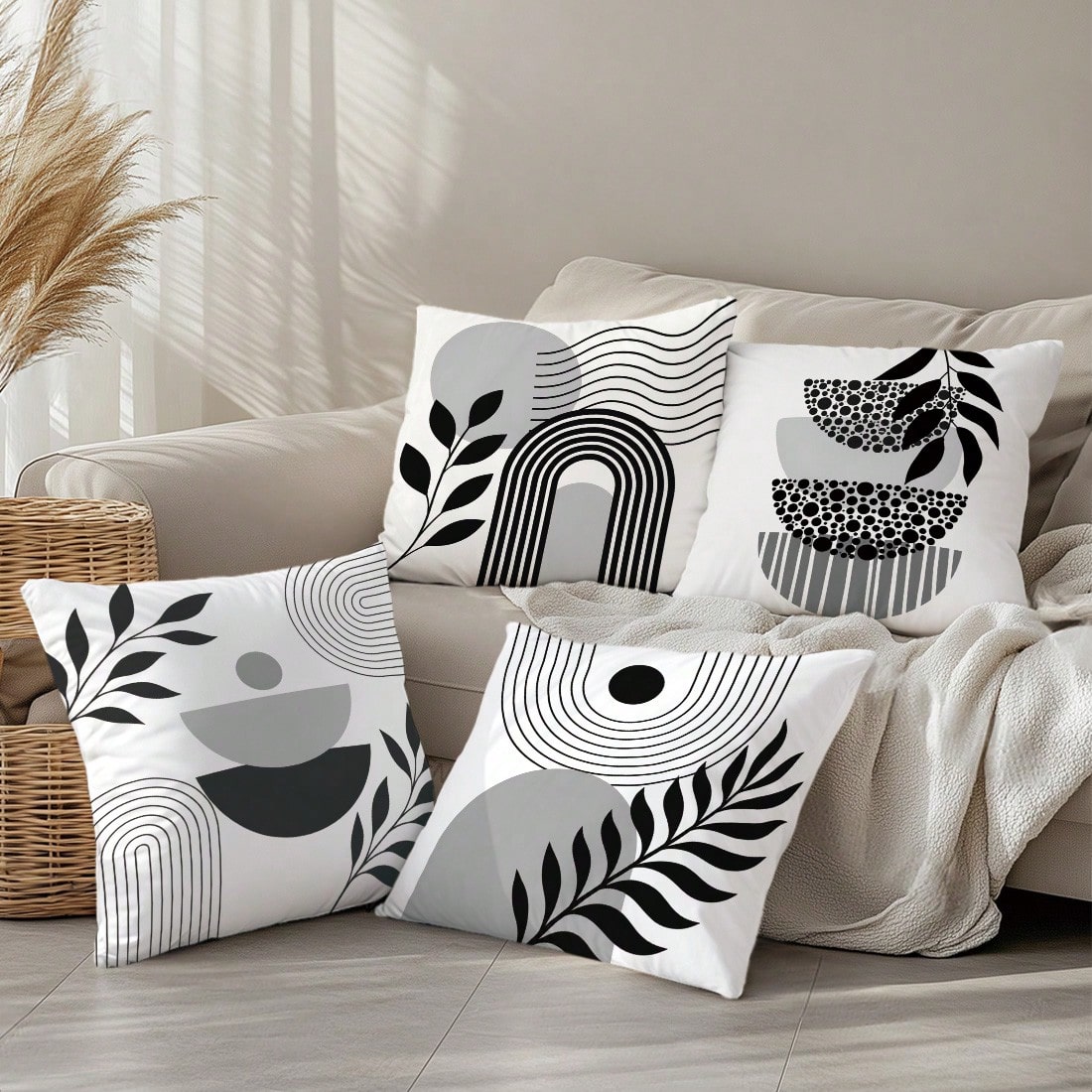 4pcs Minimalist Daily Bohemian Geometric Plant Cushion Covers, Single-Sided Printed Peach Skin Polyester Material, 45*45CM/18*18inch Pillowcases Suitable For Room Decor, Modern Minimalist Sofa Living
