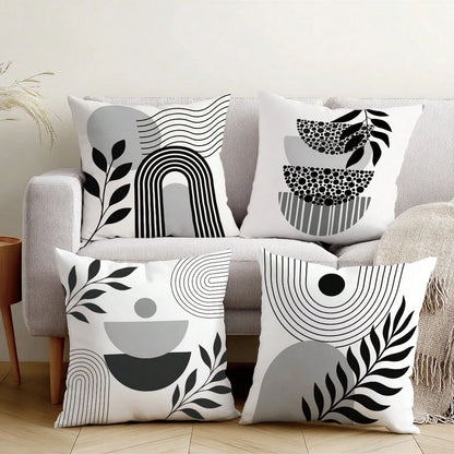4pcs Minimalist Daily Bohemian Geometric Plant Cushion Covers, Single-Sided Printed Peach Skin Polyester Material, 45*45CM/18*18inch Pillowcases Suitable For Room Decor, Modern Minimalist Sofa Living