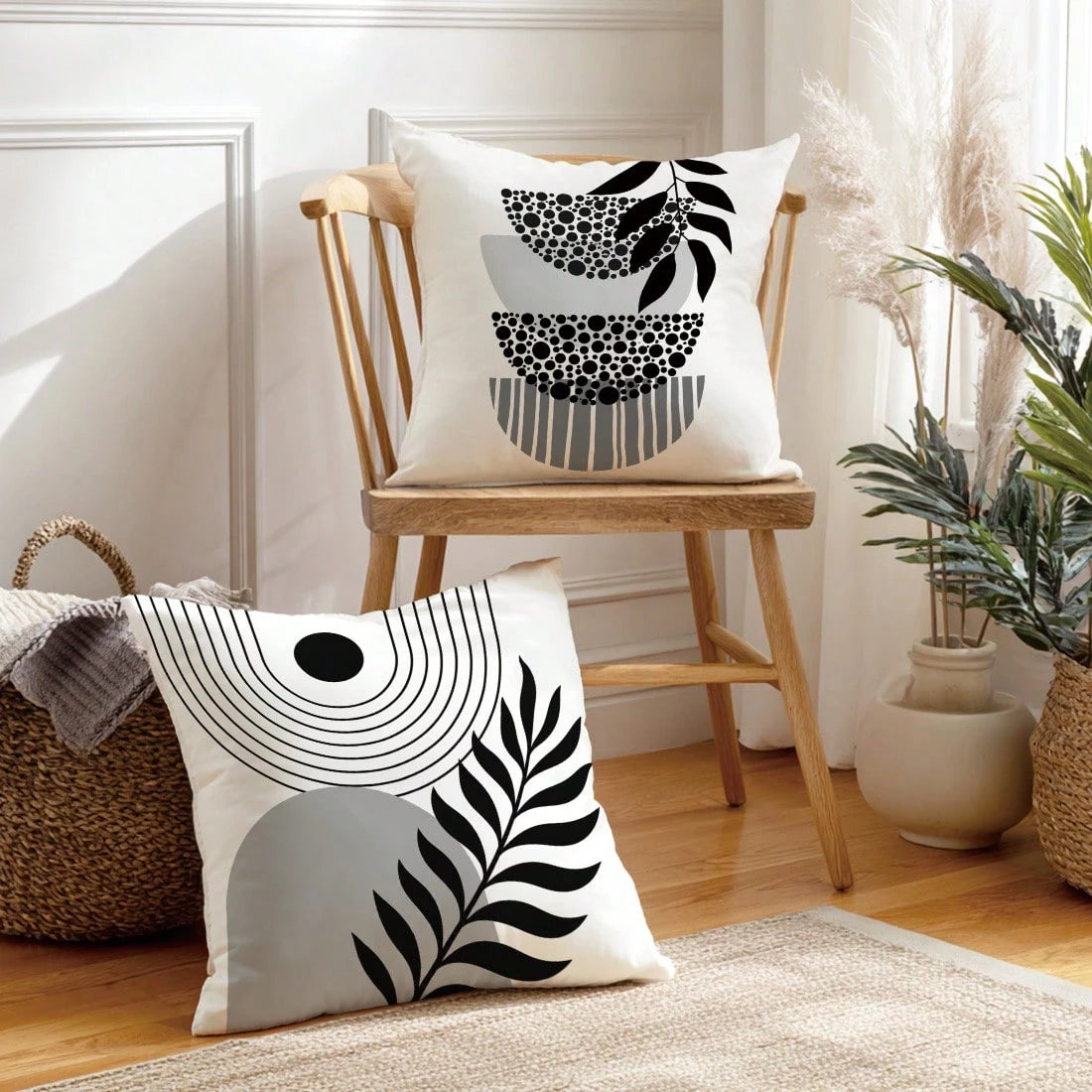 4pcs Minimalist Daily Bohemian Geometric Plant Cushion Covers, Single-Sided Printed Peach Skin Polyester Material, 45*45CM/18*18inch Pillowcases Suitable For Room Decor, Modern Minimalist Sofa Living