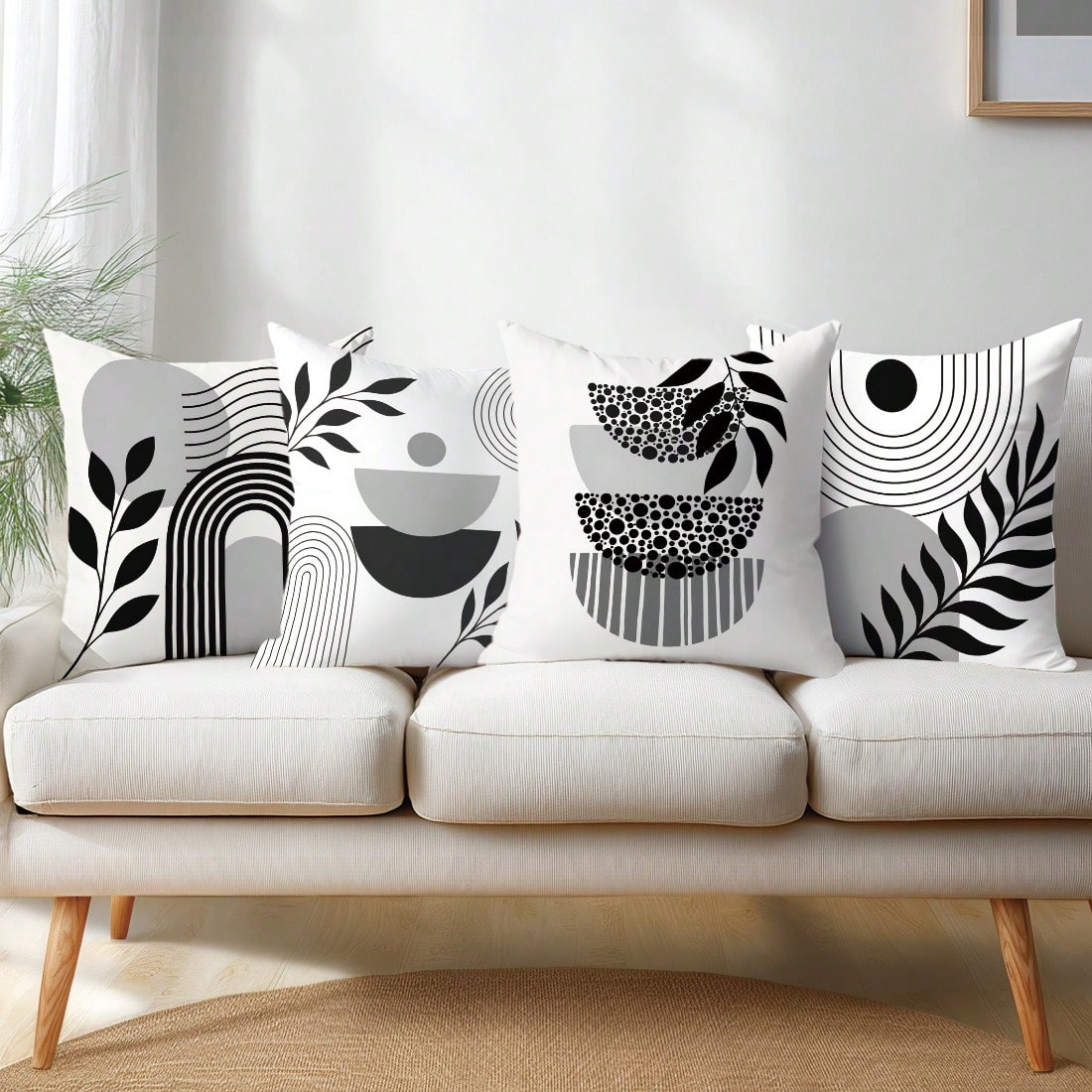 4pcs Minimalist Daily Bohemian Geometric Plant Cushion Covers, Single-Sided Printed Peach Skin Polyester Material, 45*45CM/18*18inch Pillowcases Suitable For Room Decor, Modern Minimalist Sofa Living