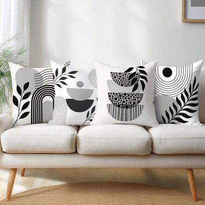 4pcs Minimalist Daily Bohemian Geometric Plant Cushion Covers, Single-Sided Printed Peach Skin Polyester Material, 45*45CM/18*18inch Pillowcases Suitable For Room Decor, Modern Minimalist Sofa Living