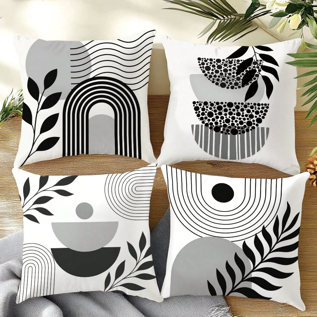 4pcs Minimalist Daily Bohemian Geometric Plant Cushion Covers, Single-Sided Printed Peach Skin Polyester Material, 45*45CM/18*18inch Pillowcases Suitable For Room Decor, Modern Minimalist Sofa Living