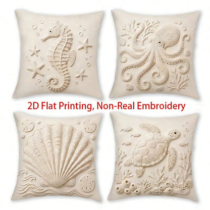4pcs Ocean Coral & Starfish Theme Single-Sided Printed Throw Pillow Covers, Soft & Comfortable Polyester Cushion Covers, 45x45cm (17.72x17.72inch), Zipper Closure, Machine Washable, Suitable For Home