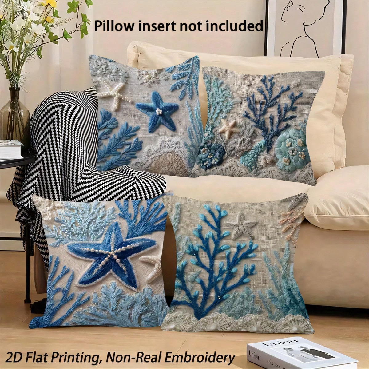 4pcs Ocean Coral & Starfish Theme Single-Sided Printed Throw Pillow Covers, Soft & Comfortable Polyester Cushion Covers, 45x45cm (17.72x17.72inch), Zipper Closure, Machine Washable, Suitable For Home