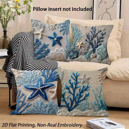 4pcs Ocean Coral & Starfish Theme Single-Sided Printed Throw Pillow Covers, Soft & Comfortable Polyester Cushion Covers, 45x45cm (17.72x17.72inch), Zipper Closure, Machine Washable, Suitable For Home