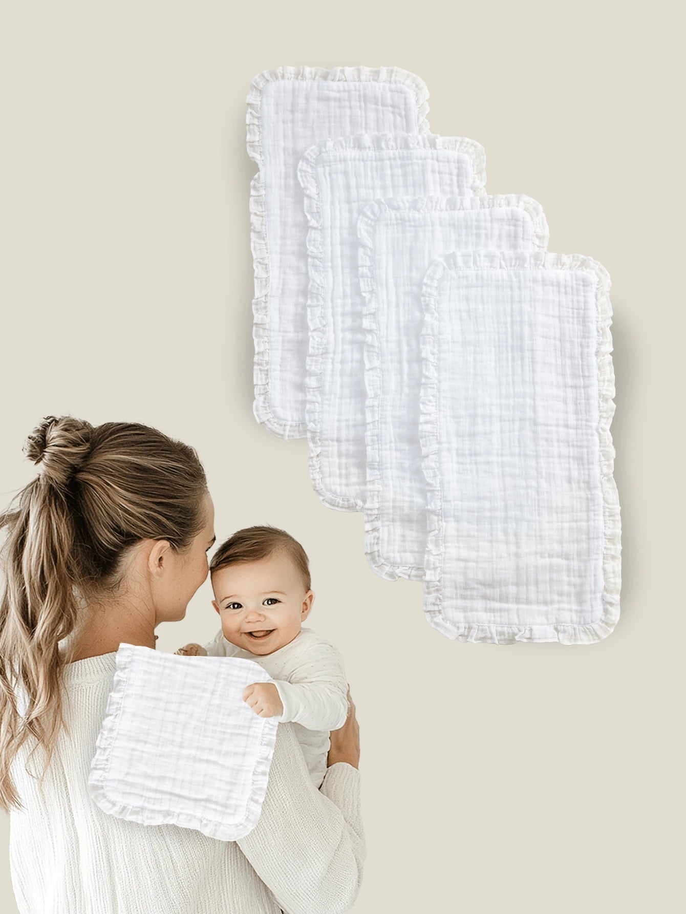 4pcs Oeko-Tex Certified Soft & Comfortable Lace Trim White Bibs/Burp Cloths, Suitable For All Seasons, Newborn & Baby Care