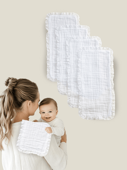 4pcs Oeko-Tex Certified Soft & Comfortable Lace Trim White Bibs/Burp Cloths, Suitable For All Seasons, Newborn & Baby Care