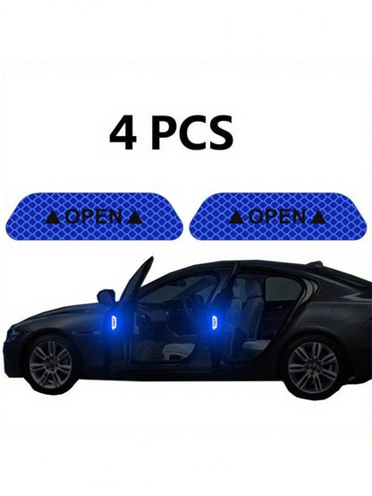 4pcs Reflective Car Door Warning Stickers, Anti-Collision Decals With Open Sign, Night Reflective High Temperature Decorative Stickers