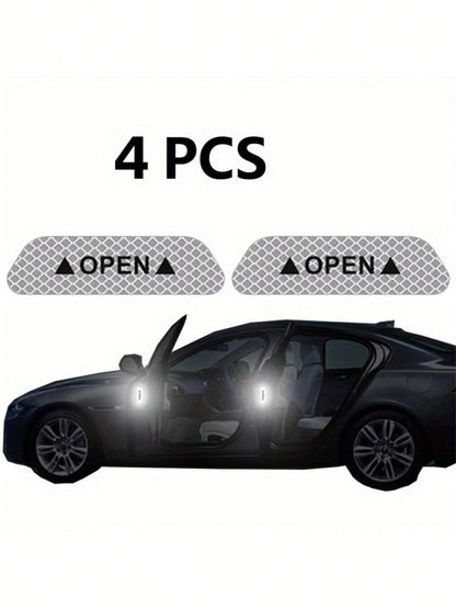 4pcs Reflective Car Door Warning Stickers, Anti-Collision Decals With Open Sign, Night Reflective High Temperature Decorative Stickers
