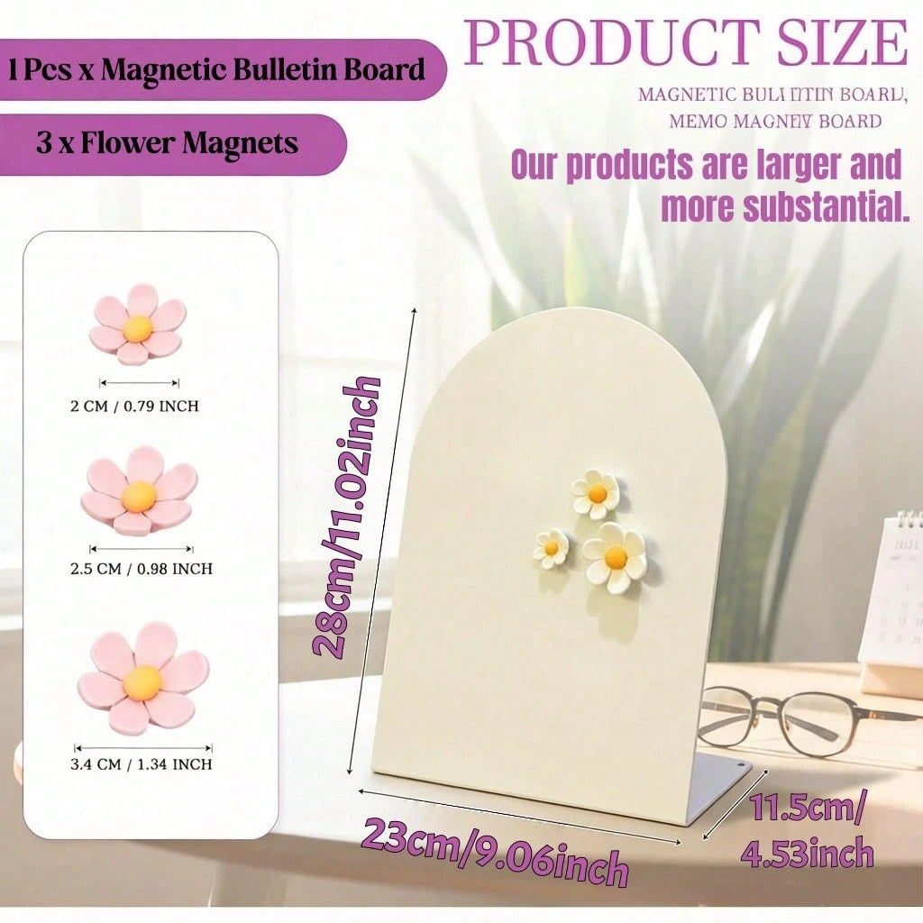 4pcs Set (1 Large White Arch-Shaped Magnetic Memo Board + 3 Random Flower Stickers), Desktop Decor Photo Memo Display Stand, Multi-Functional Card And To-Do List Organizer For Bedroom Desk, Kitchen Co