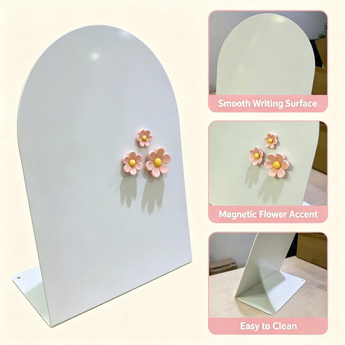 4pcs Set (1 Large White Arch-Shaped Magnetic Memo Board + 3 Random Flower Stickers), Desktop Decor Photo Memo Display Stand, Multi-Functional Card And To-Do List Organizer For Bedroom Desk, Kitchen Co