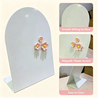 4pcs Set (1 Large White Arch-Shaped Magnetic Memo Board + 3 Random Flower Stickers), Desktop Decor Photo Memo Display Stand, Multi-Functional Card And To-Do List Organizer For Bedroom Desk, Kitchen Co